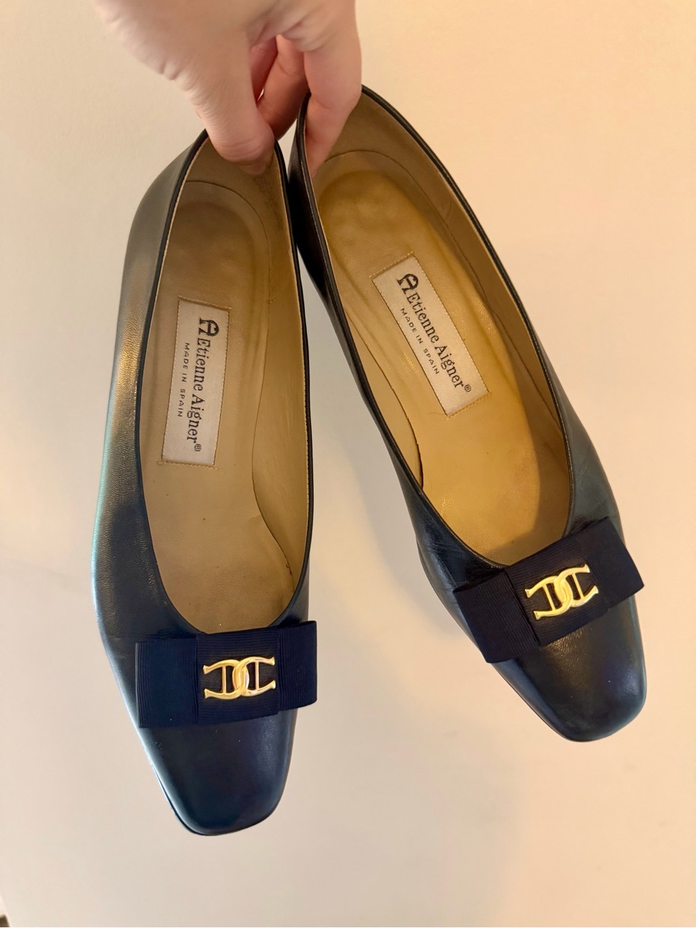 Etienne Aigner Navy Leather Heels with Gold Logo